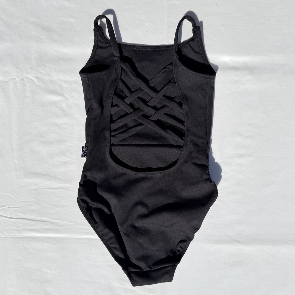 Tiger Friday Lattice Back Ruched Side Leotard Girls XL Black Dance Gymnastics